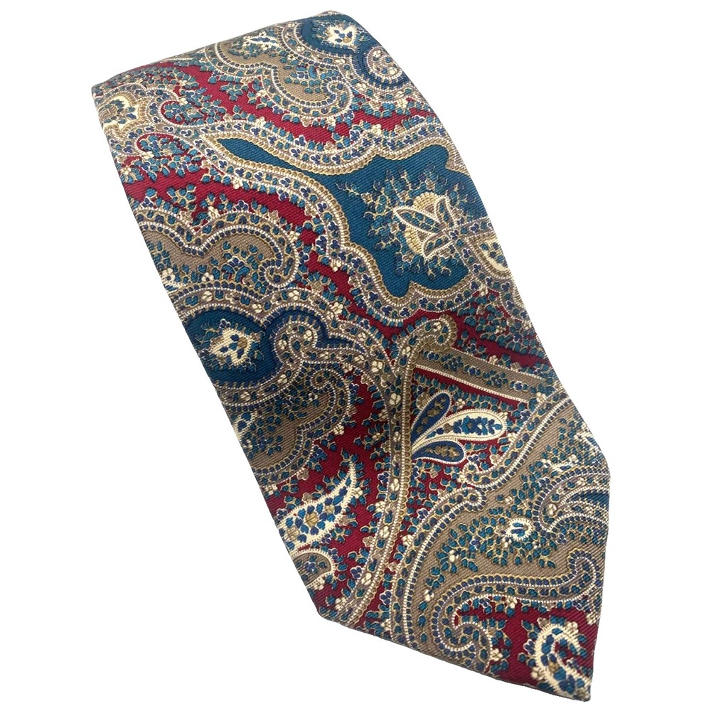 Oscar de la Renta Couture Vintage necktie Men's Imported Silk‎ Red teal Paisley